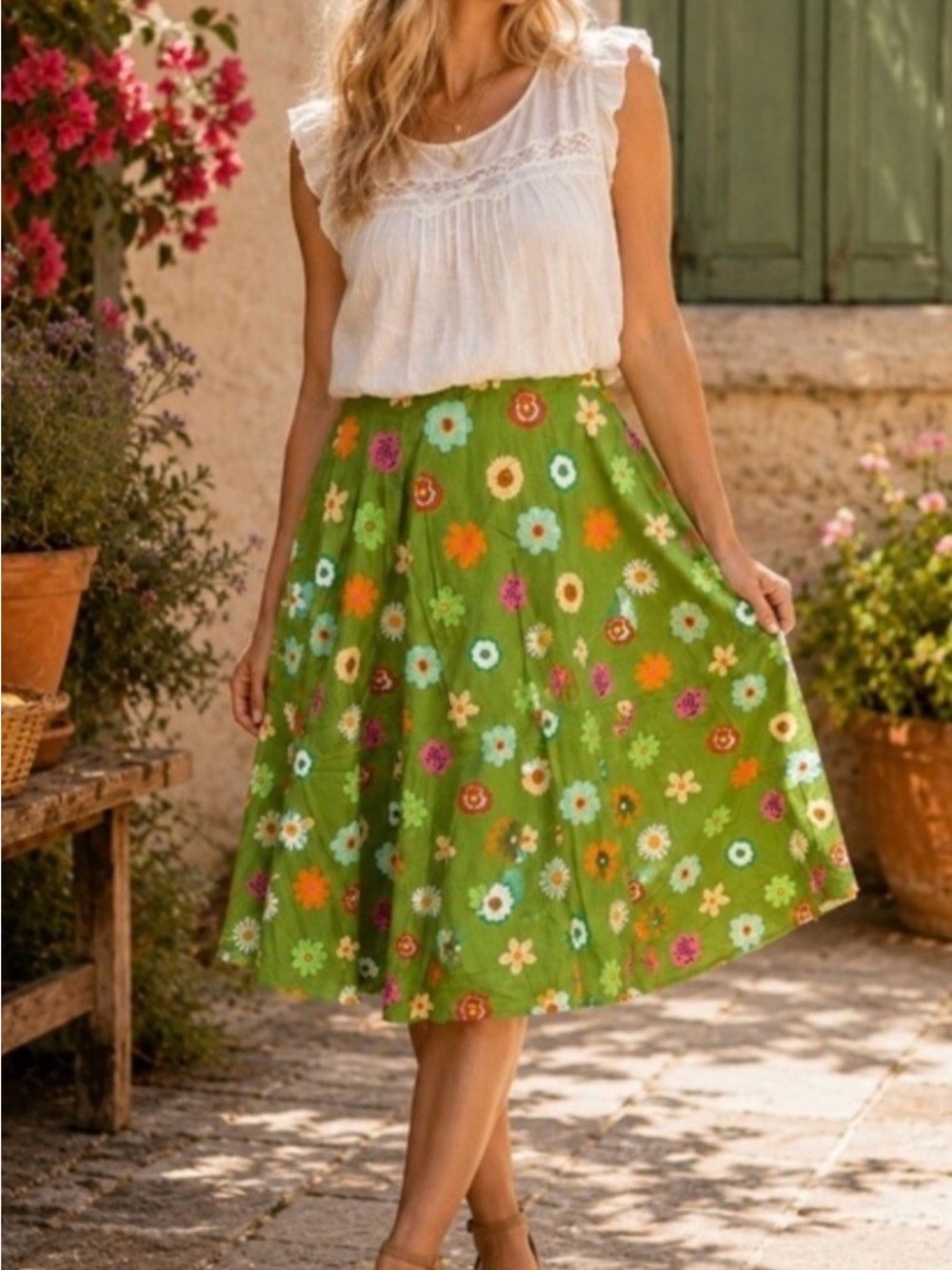 Tulip B Green Floral A-Line Midi Skirt